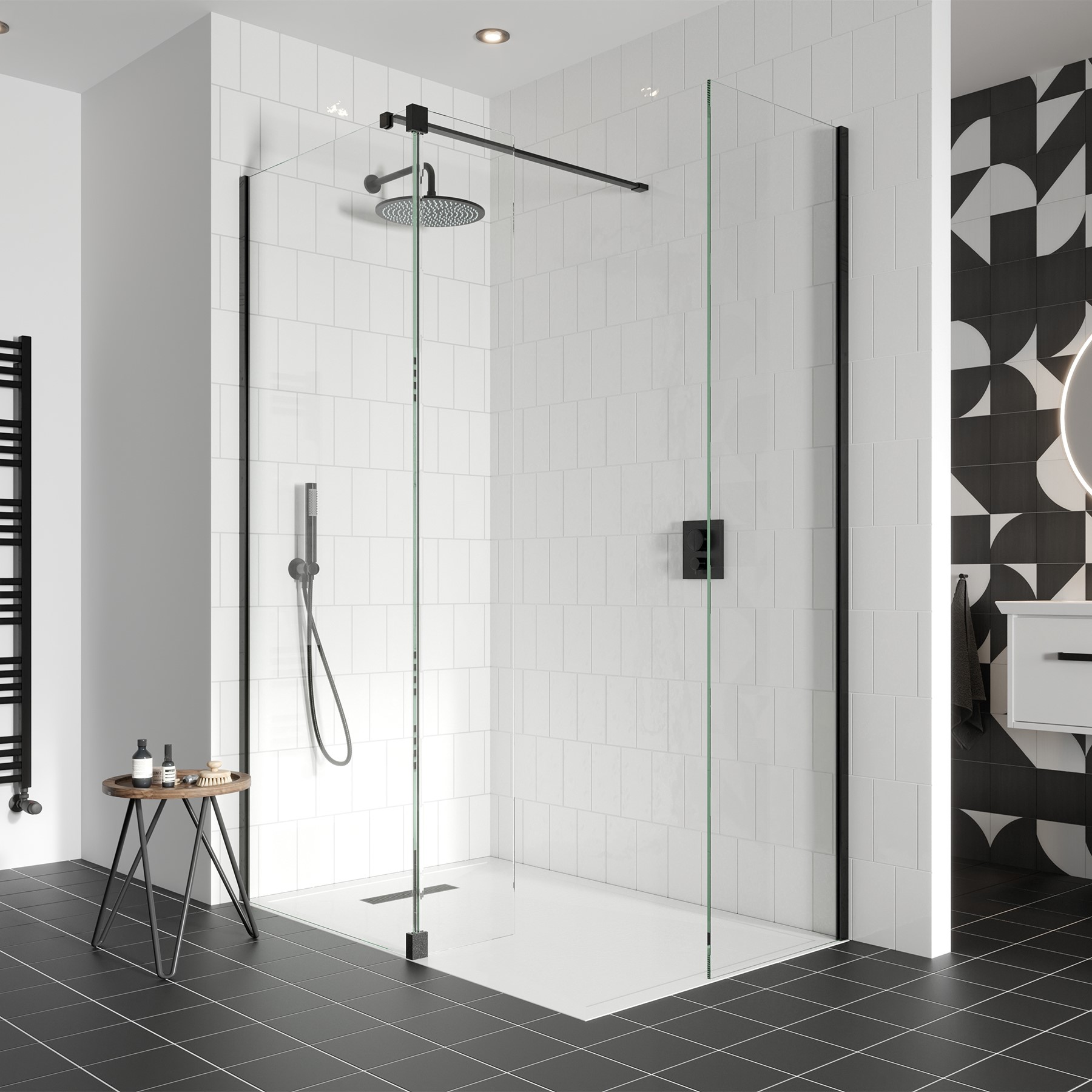Modern shower | Discover a walk in shower design that makes an impact with a corner walk in