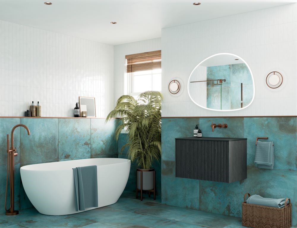 This deep blue bathroom interior is perfectly finished with Brushed Bronze brassware.