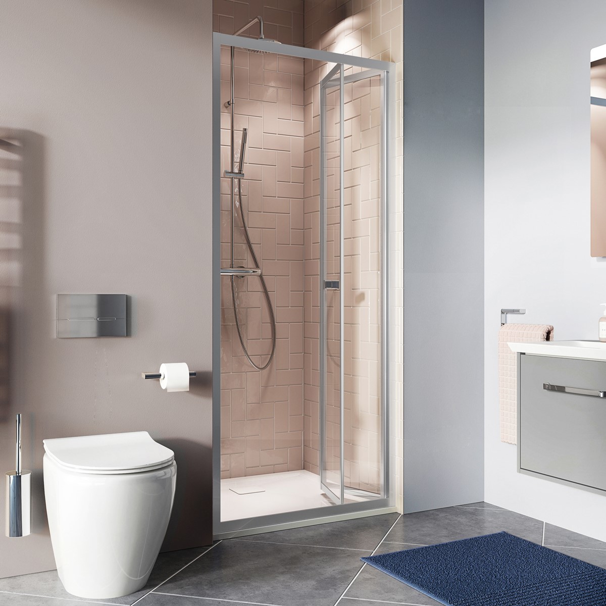 Small modern bathroom | Create a beautiful minimalist bathroom design with space-saving bi-fold shower doors