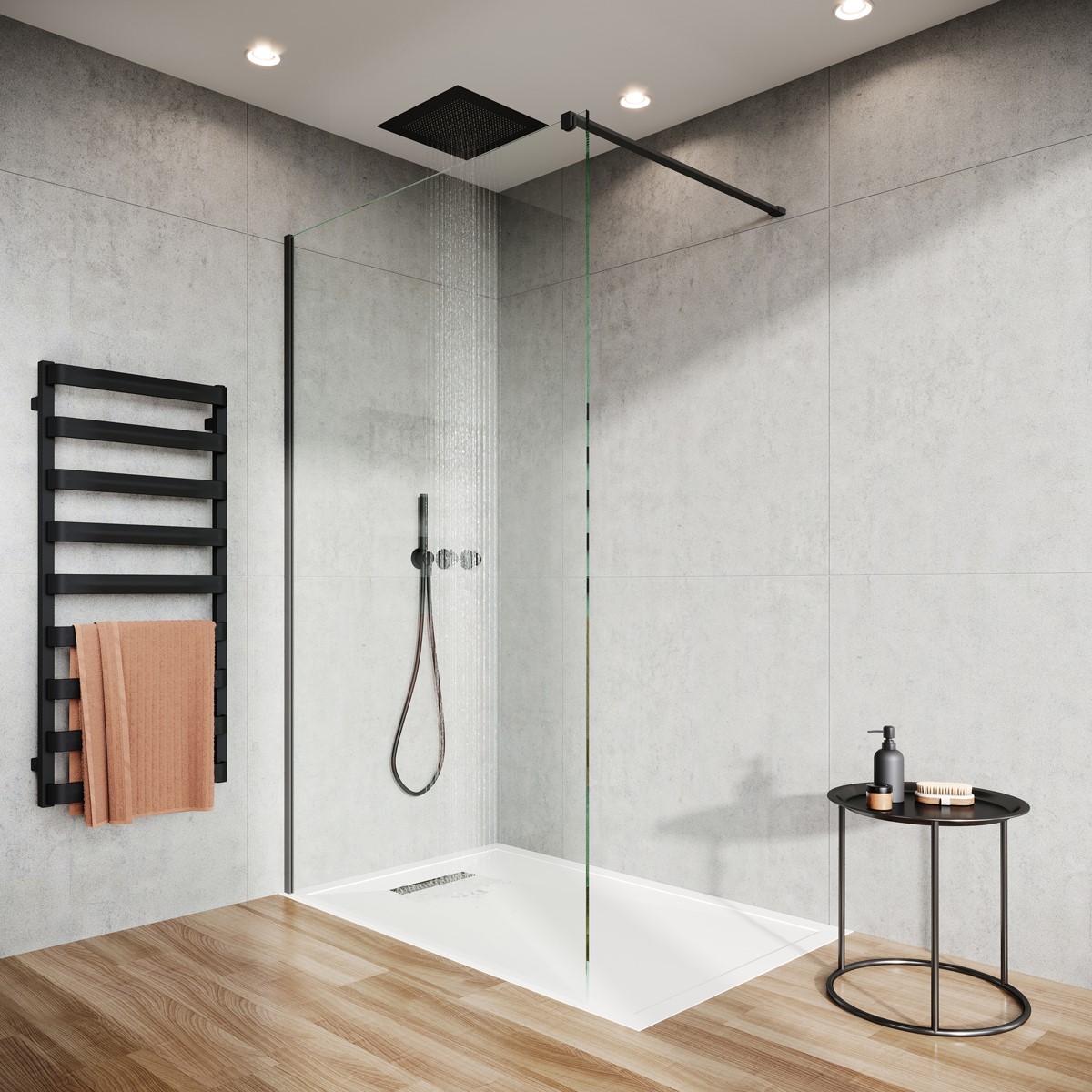 Crosswater Tranquil showerhead in black in a white bathroom design