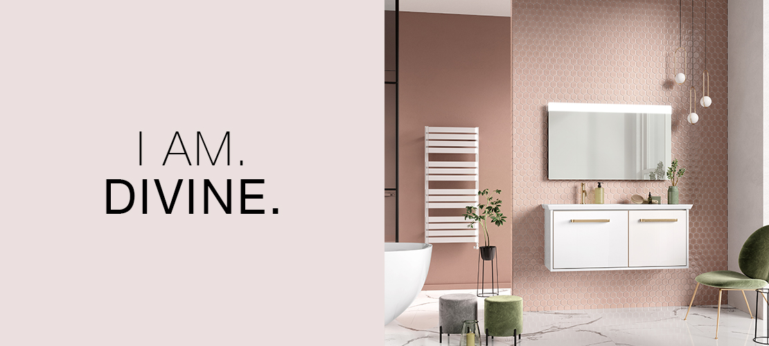 Divine Bathroom design, Millennium Pink, Brass taps