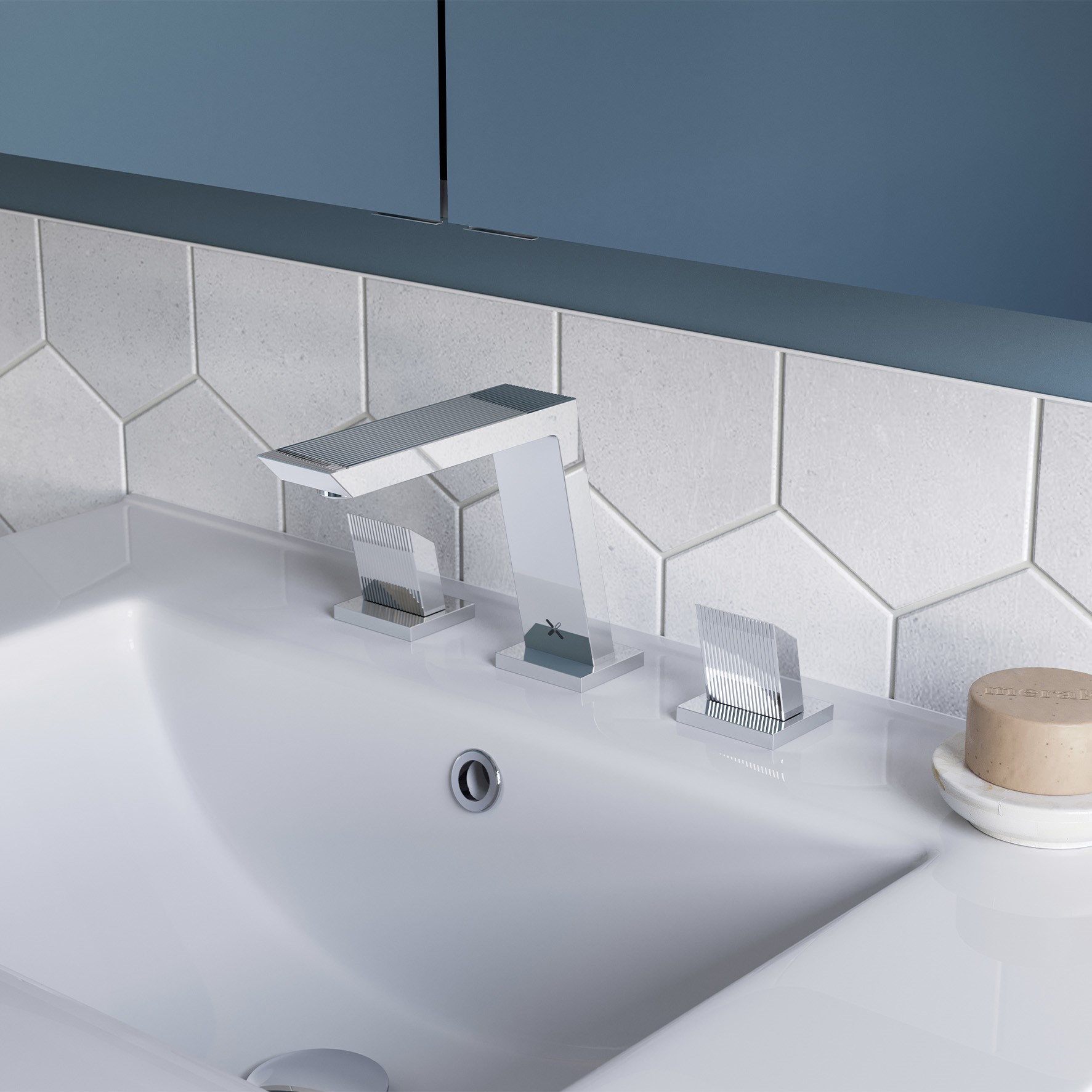 Modern bathroom brassware design with harmony between shape and texture. 